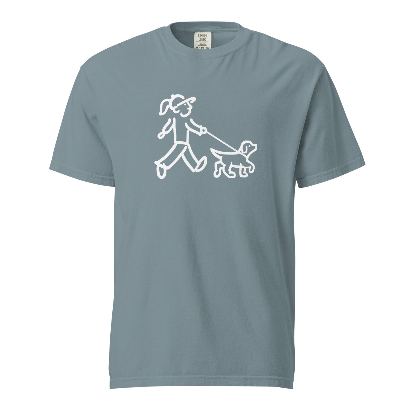 Walking Woman with Walking Dog with Leash White - Unisex Garment-Dyed Heavyweight T-Shirt