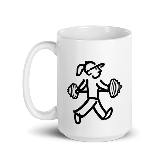 Walking Woman Lifts Weights Coffee Mug - White Glossy Mug