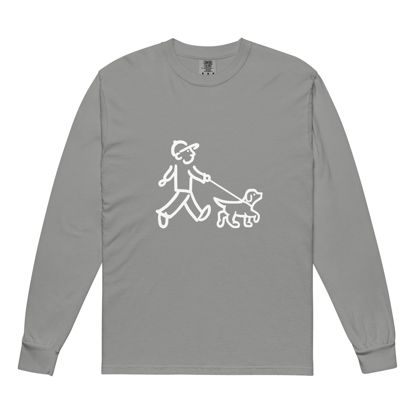 Walking Woman with Walking Dog with Leash White - Garment-Dyed Heavyweight Long-Sleeve T-Shirt