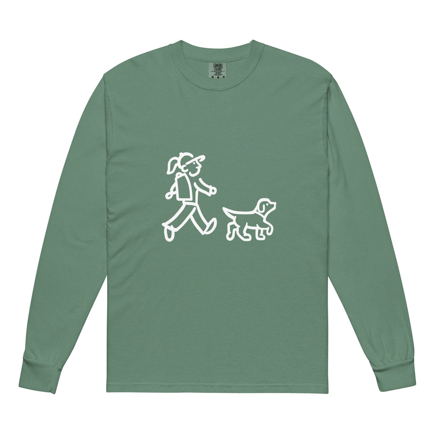 Walking Woman and Walking Dog (No Leash) White - Garment-Dyed Heavyweight Long-Sleeve T-Shirt