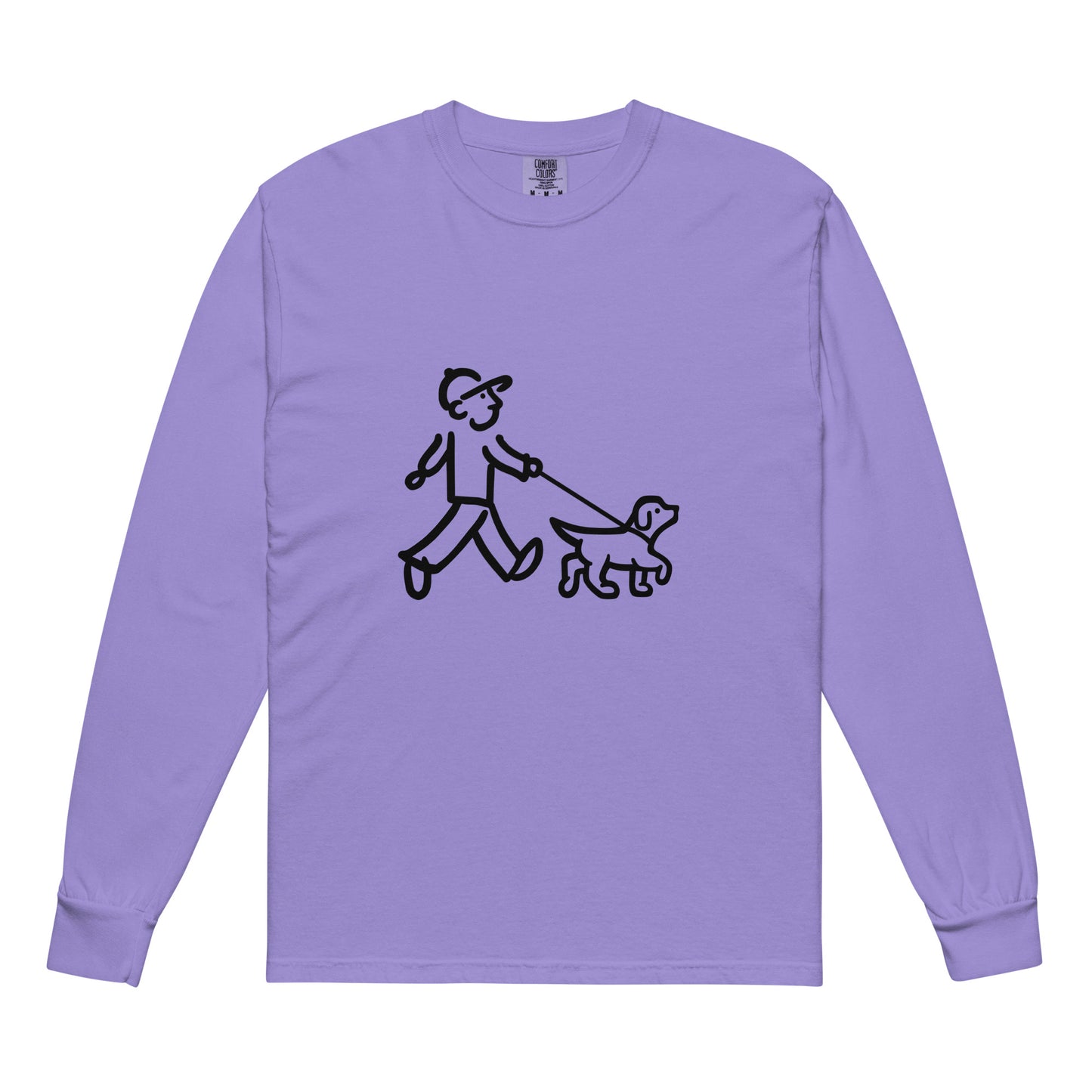 Walking Man walks his Dog with Leash Black - Garment-Dyed Heavyweight Long-Sleeve T-Shirt