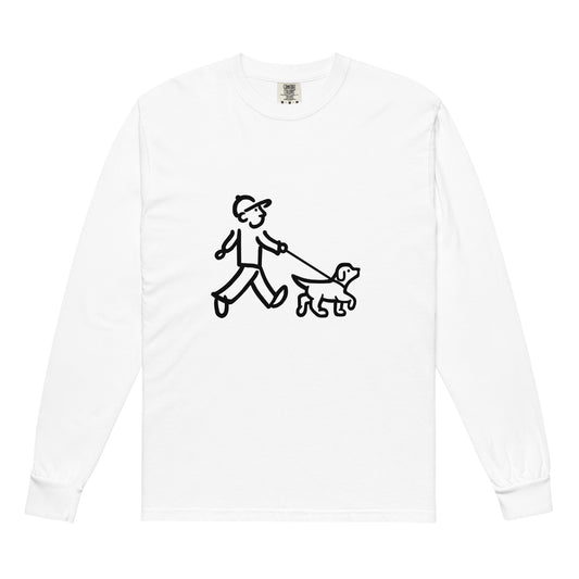 Walking Man walks his Dog with Leash Black - Garment-Dyed Heavyweight Long-Sleeve T-Shirt