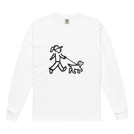 Walking Woman with Walking Dog with Leash Black  - Garment-Dyed Heavyweight Long-Sleeve T-Shirt