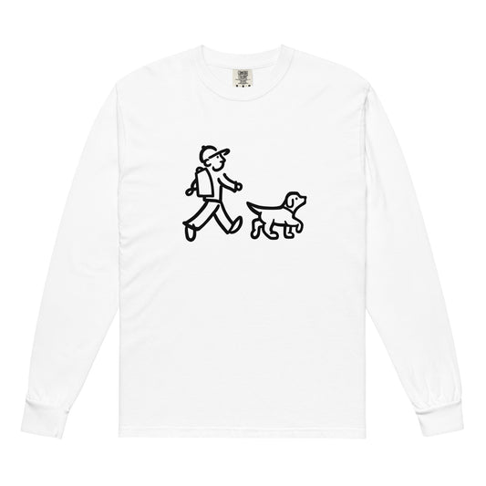 Walking Man and Walking Dog (No Leash) Black - Garment-Dyed Heavyweight Long-Sleeve T-Shirt