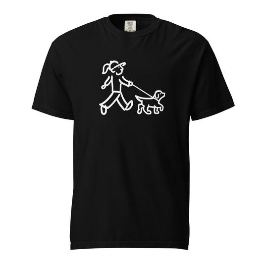 Walking Woman with Walking Dog with Leash White - Unisex Garment-Dyed Heavyweight T-Shirt