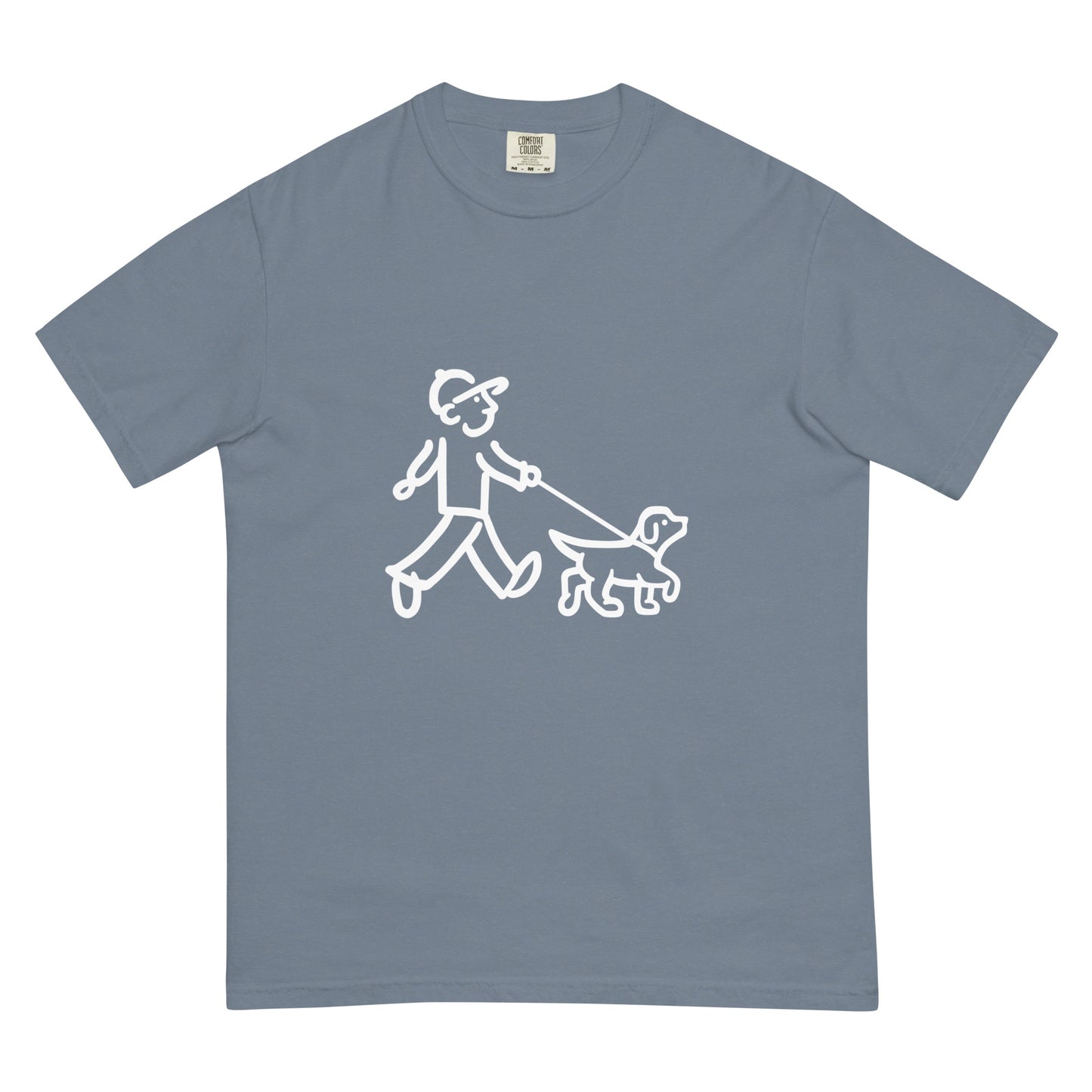 Walking Man walks his Dog with Leash White - Unisex Garment-Dyed Heavyweight T-Shirt