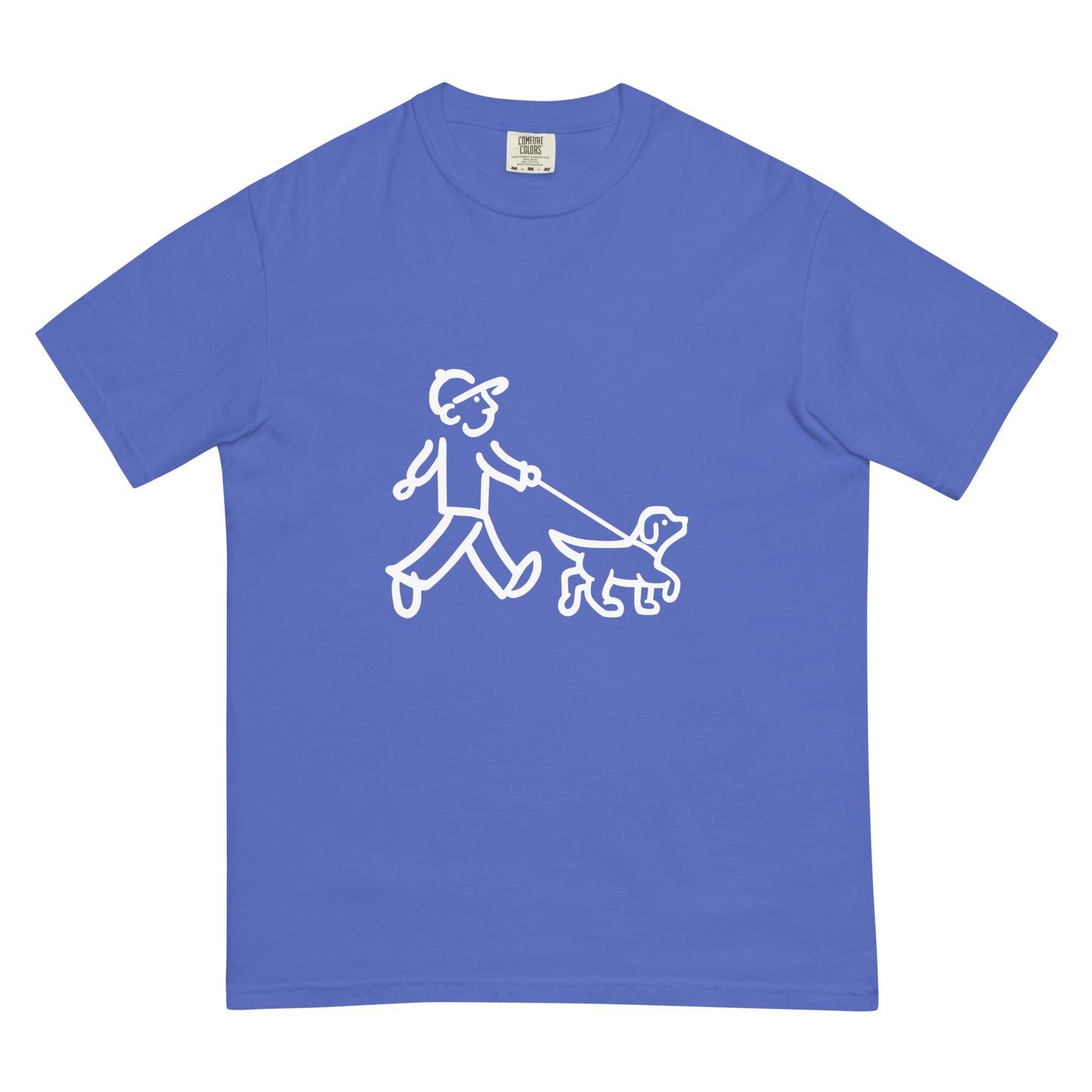 Walking Man walks his Dog with Leash White - Unisex Garment-Dyed Heavyweight T-Shirt