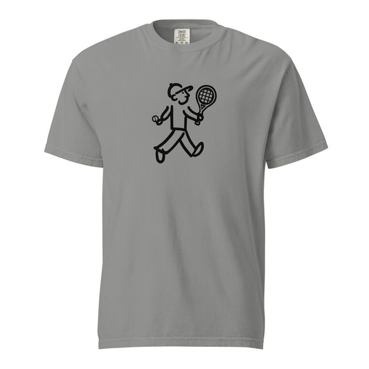 Walking Man plays Tennis Black - Unisex Garment-Dyed Heavyweight T-Shirt