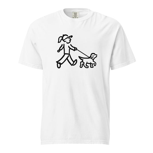 Walking Woman with Walking Dog Black with Leash - Unisex Garment-Dyed Heavyweight T-Shirt