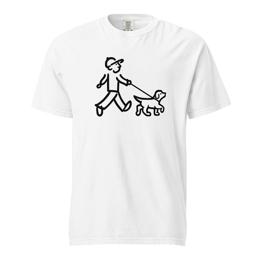 Walking Man walks his Dog with Leash Black - Unisex Garment-Dyed Heavyweight T-Shirt