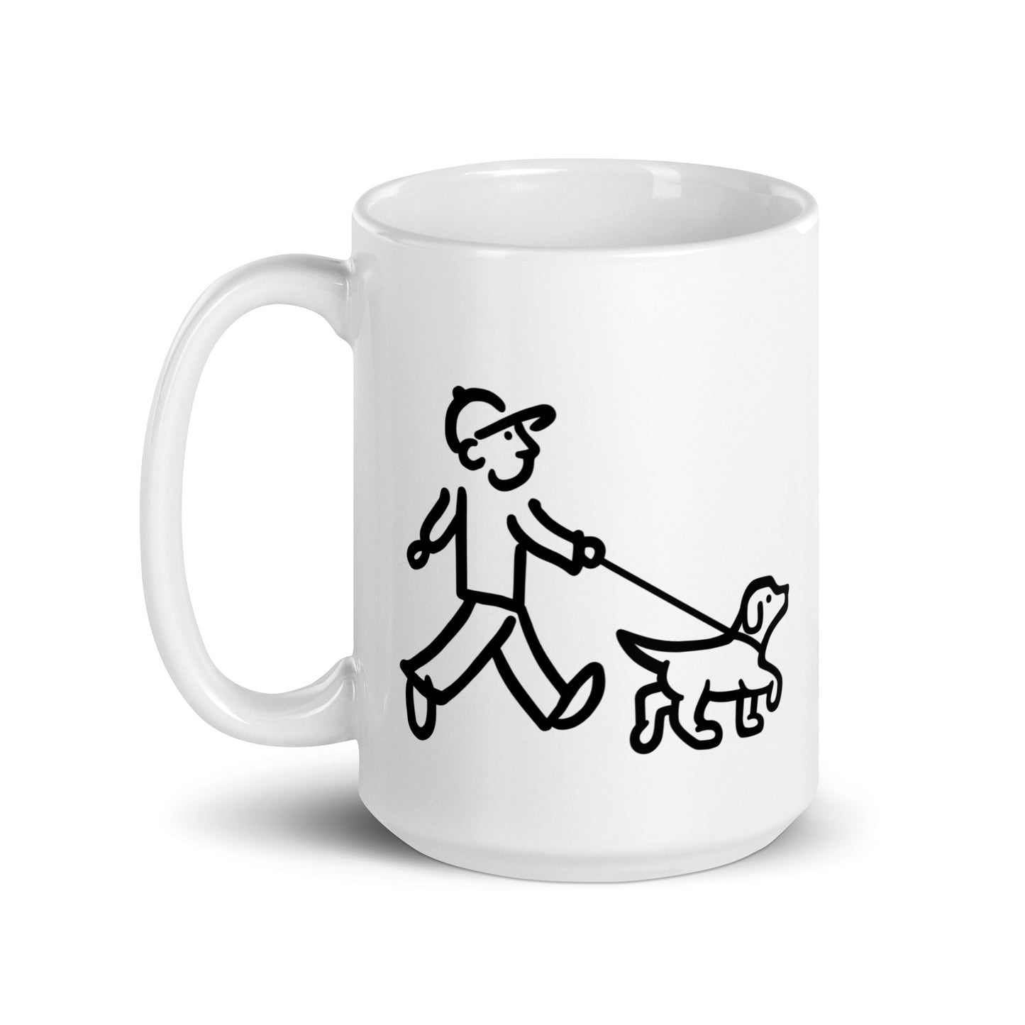 Walking Man walks his Dog with Leash Coffee Mug - White Glossy Mug