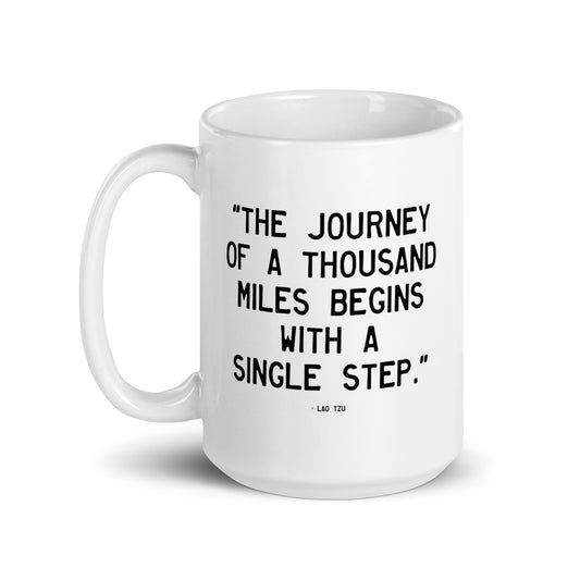 Walking Man Journey Begins Quoted Mug - White Glossy Mug