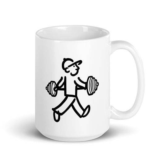 Walking Man Lifts Weights Coffee Mug - White Glossy Mug